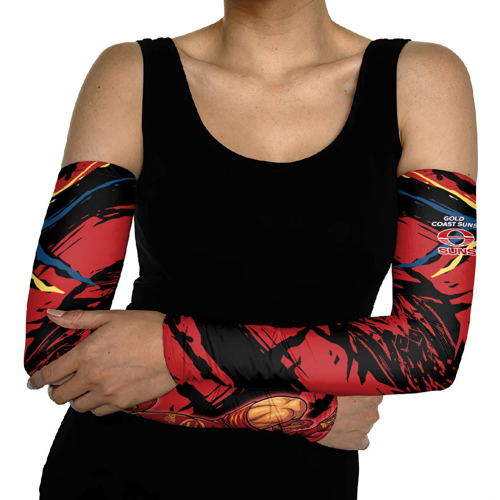 Gold Coast Suns Arm Sleeves Suns Muscular Mascot Graphic - Abstract Paint Splatter Art