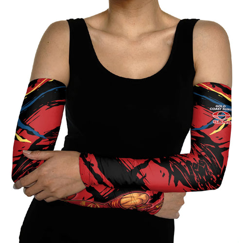 Gold Coast Suns Arm Sleeves Suns Muscular Mascot Graphic - Abstract Paint Splatter Art