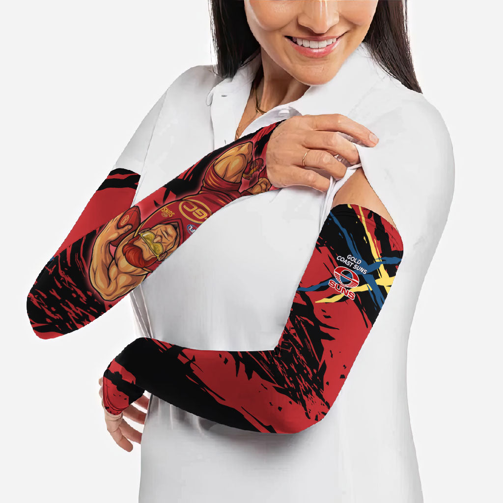 Gold Coast Suns Arm Sleeves Suns Muscular Mascot Graphic - Abstract Paint Splatter Art