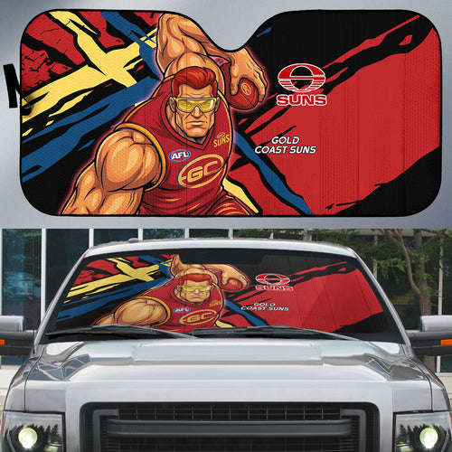 Gold Coast Suns Auto Sun Shade Suns Muscular Mascot Graphic - Abstract Paint Splatter Art