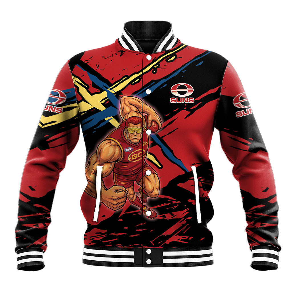 Gold Coast Suns Baseball Jacket Suns Muscular Mascot Graphic - Abstract Paint Splatter Art