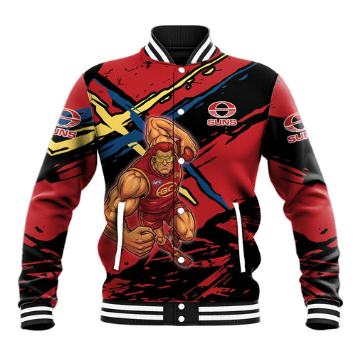 Gold Coast Suns Baseball Jacket Suns Muscular Mascot Graphic - Abstract Paint Splatter Art