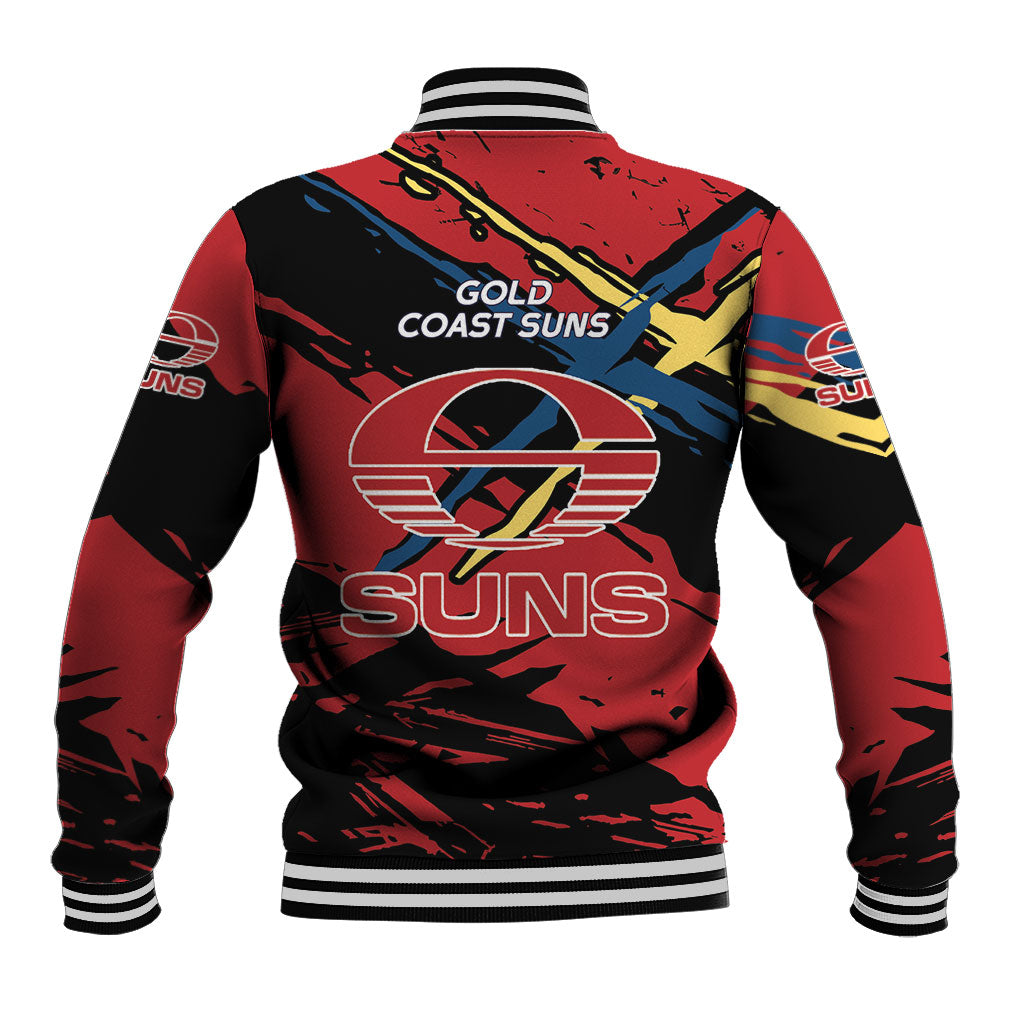 Gold Coast Suns Baseball Jacket Suns Muscular Mascot Graphic - Abstract Paint Splatter Art