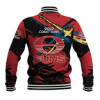 Gold Coast Suns Baseball Jacket Suns Muscular Mascot Graphic - Abstract Paint Splatter Art