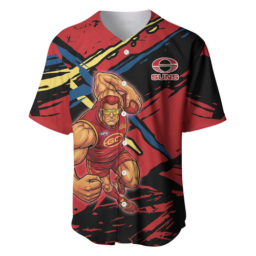 Gold Coast Suns Baseball Jersey Suns Muscular Mascot Graphic - Abstract Paint Splatter Art