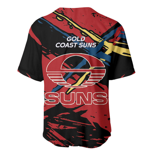 Gold Coast Suns Baseball Jersey Suns Muscular Mascot Graphic - Abstract Paint Splatter Art