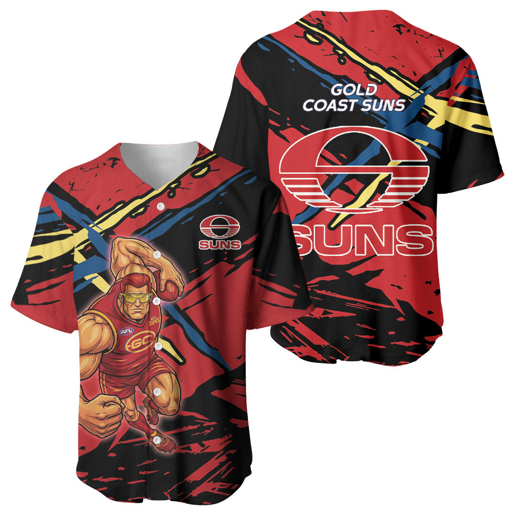 Gold Coast Suns Baseball Jersey Suns Muscular Mascot Graphic - Abstract Paint Splatter Art