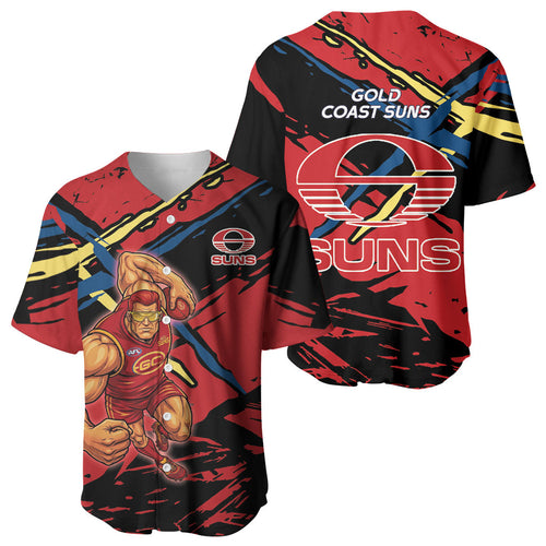 Gold Coast Suns Baseball Jersey Suns Muscular Mascot Graphic - Abstract Paint Splatter Art