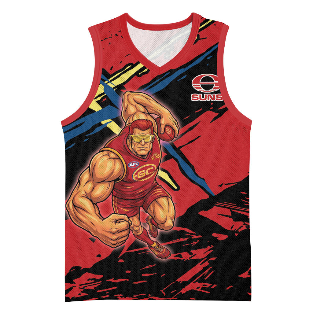 Gold Coast Suns Basketball Jersey Suns Muscular Mascot Graphic - Abstract Paint Splatter Art