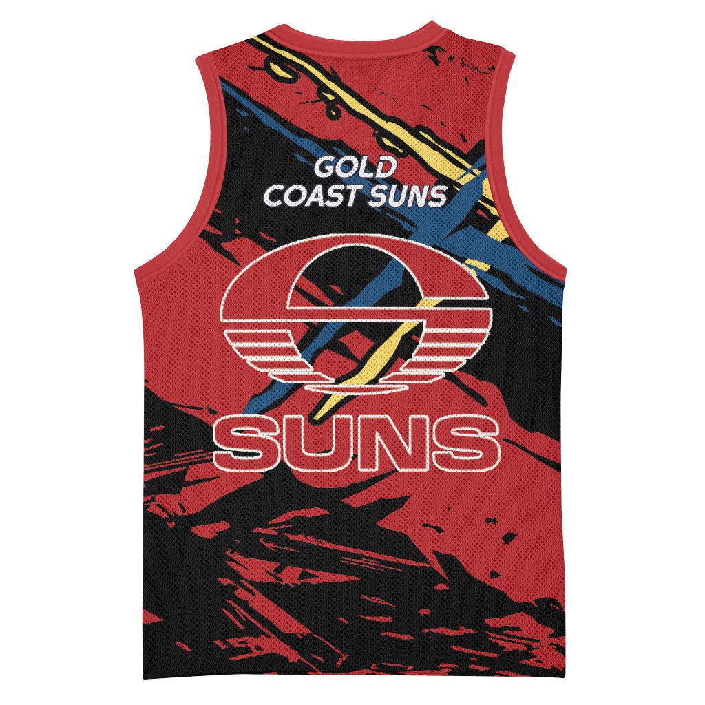Gold Coast Suns Basketball Jersey Suns Muscular Mascot Graphic - Abstract Paint Splatter Art