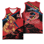 Gold Coast Suns Basketball Jersey Suns Muscular Mascot Graphic - Abstract Paint Splatter Art