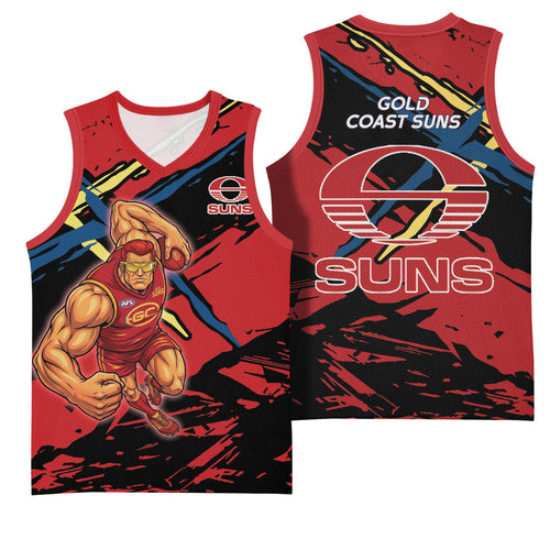Gold Coast Suns Basketball Jersey Suns Muscular Mascot Graphic - Abstract Paint Splatter Art