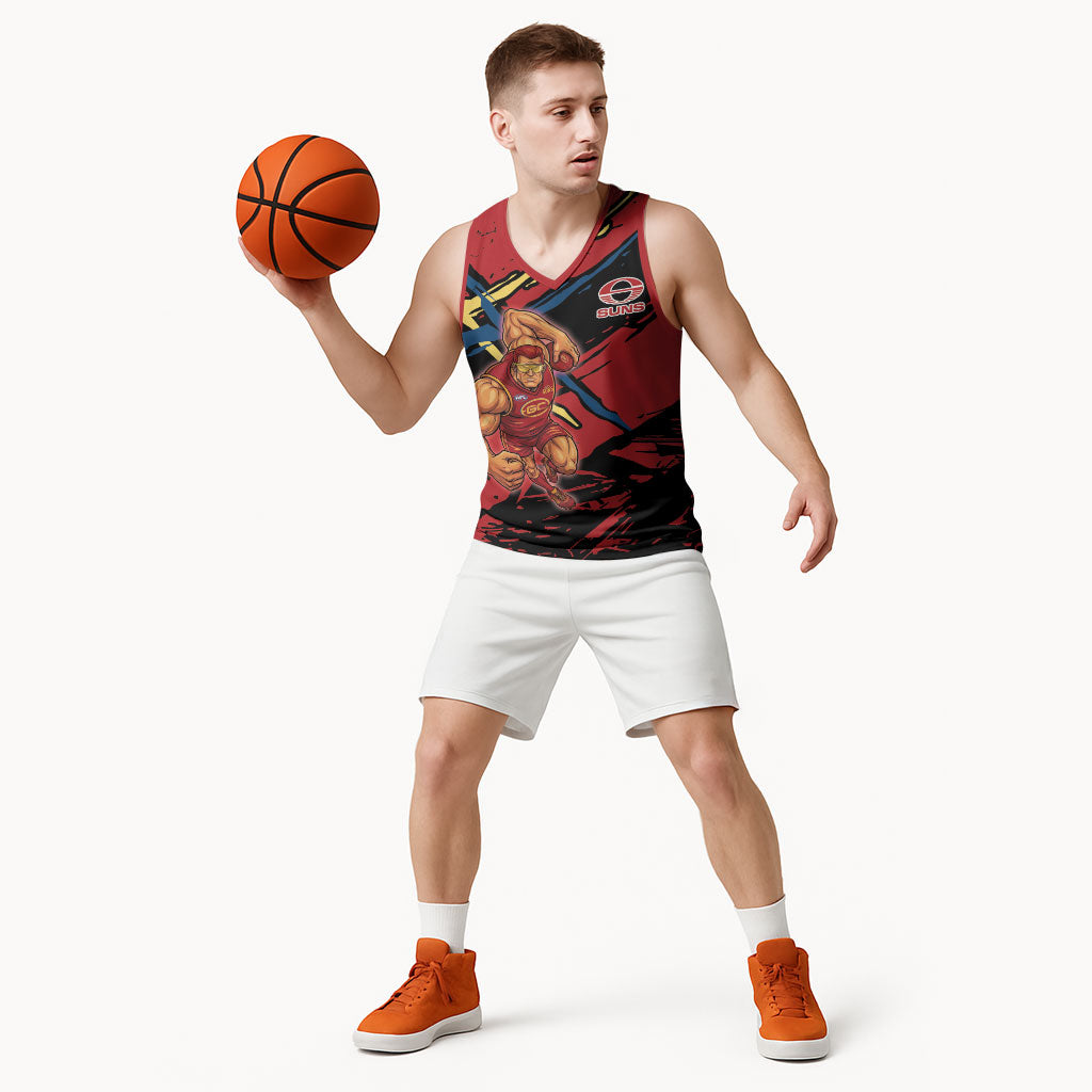 Gold Coast Suns Basketball Jersey Suns Muscular Mascot Graphic - Abstract Paint Splatter Art