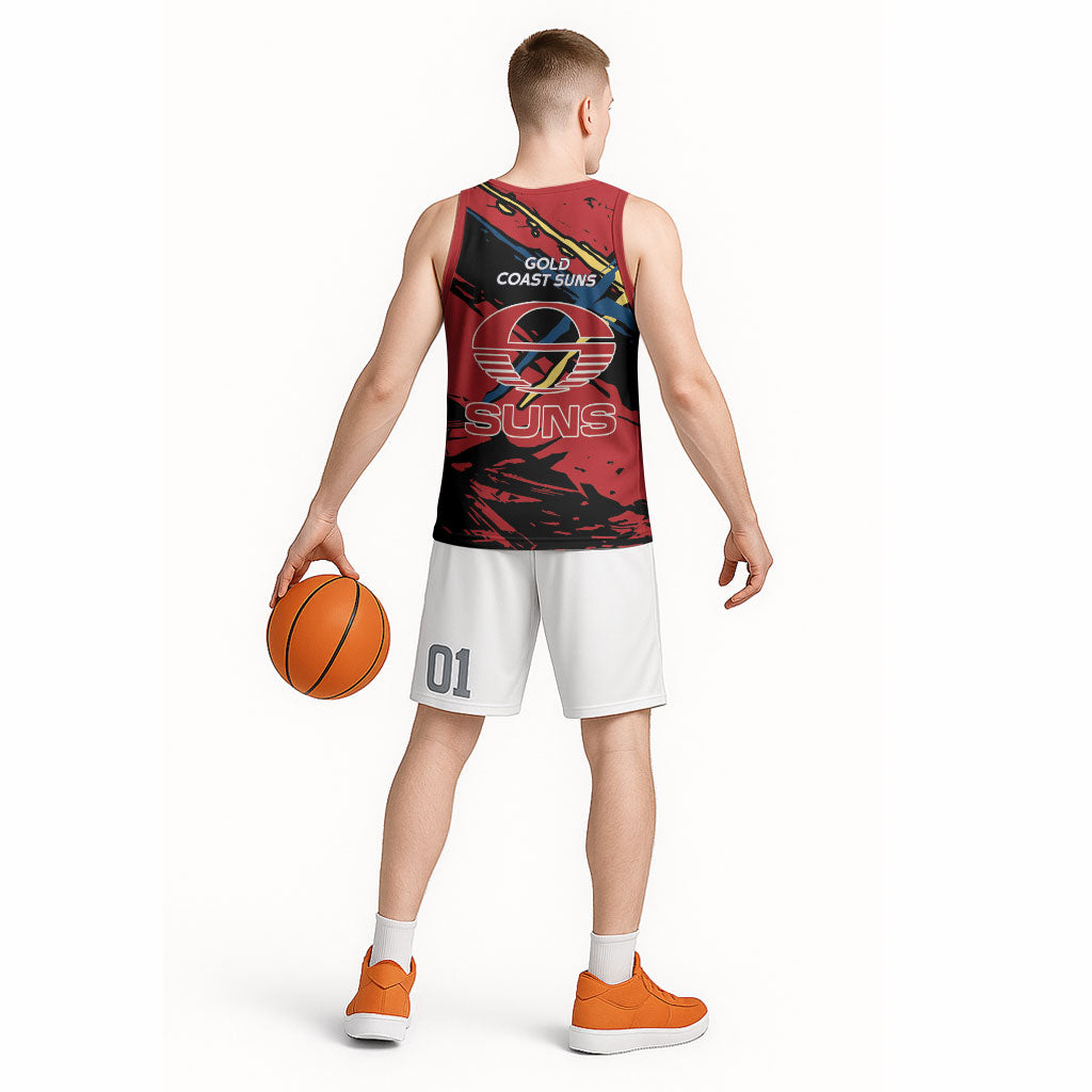 Gold Coast Suns Basketball Jersey Suns Muscular Mascot Graphic - Abstract Paint Splatter Art