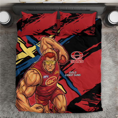 Gold Coast Suns Bedding Set Suns Muscular Mascot Graphic - Abstract Paint Splatter Art