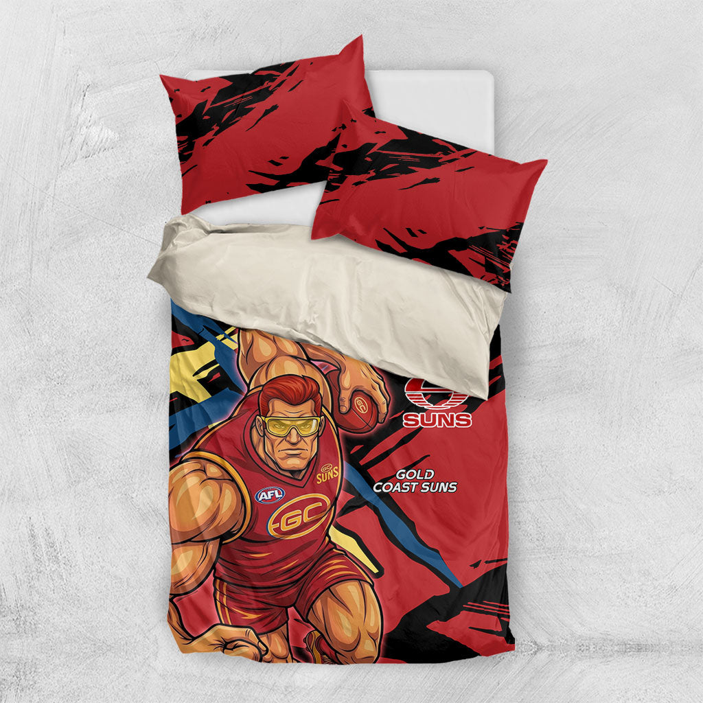 Gold Coast Suns Bedding Set Suns Muscular Mascot Graphic - Abstract Paint Splatter Art