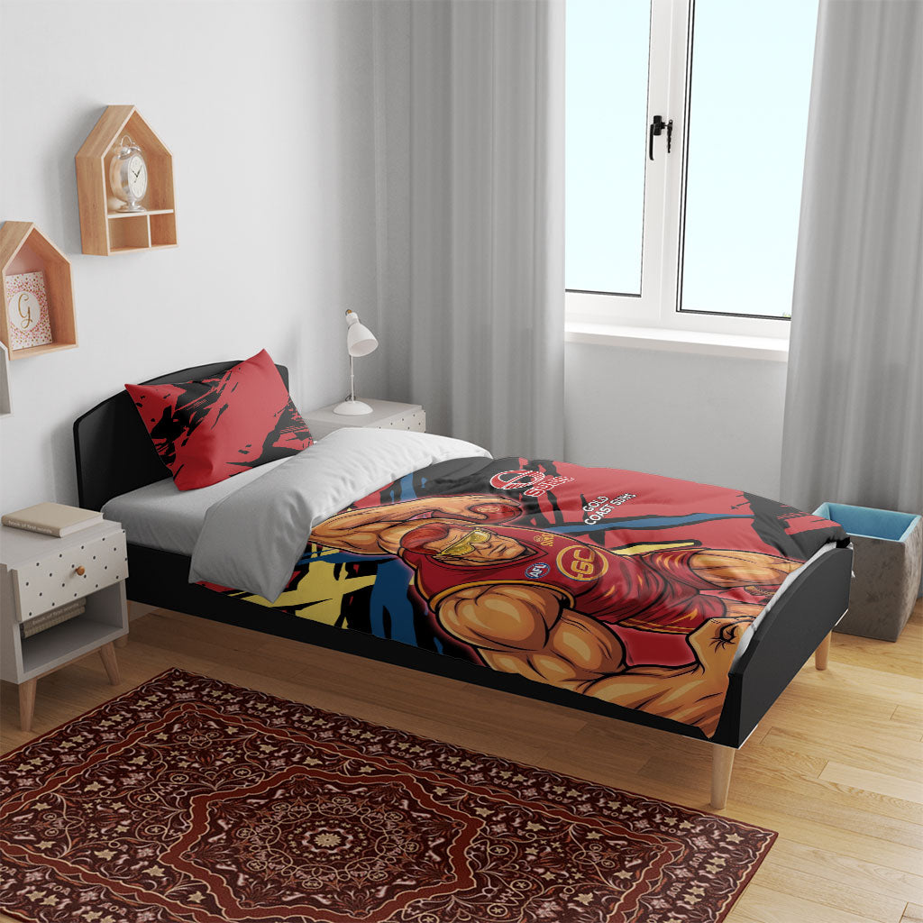 Gold Coast Suns Bedding Set Suns Muscular Mascot Graphic - Abstract Paint Splatter Art