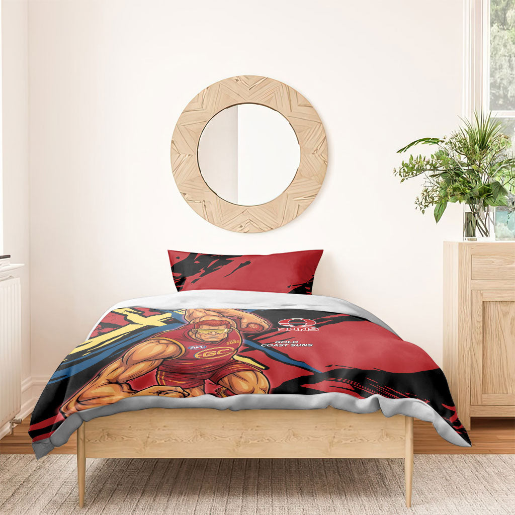 Gold Coast Suns Bedding Set Suns Muscular Mascot Graphic - Abstract Paint Splatter Art