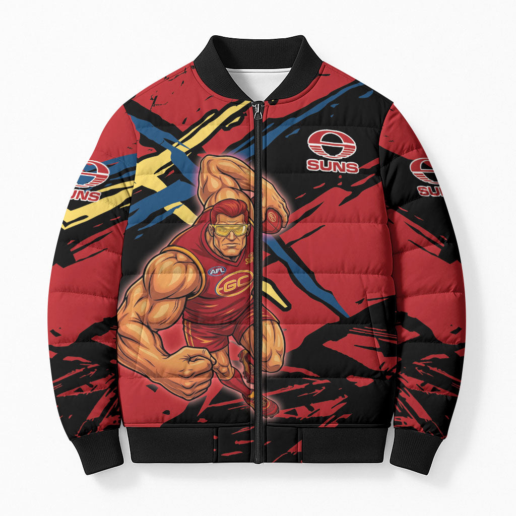 Gold Coast Suns Bomber Puffer Jacket Suns Muscular Mascot Graphic - Abstract Paint Splatter Art