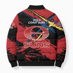 Gold Coast Suns Bomber Puffer Jacket Suns Muscular Mascot Graphic - Abstract Paint Splatter Art