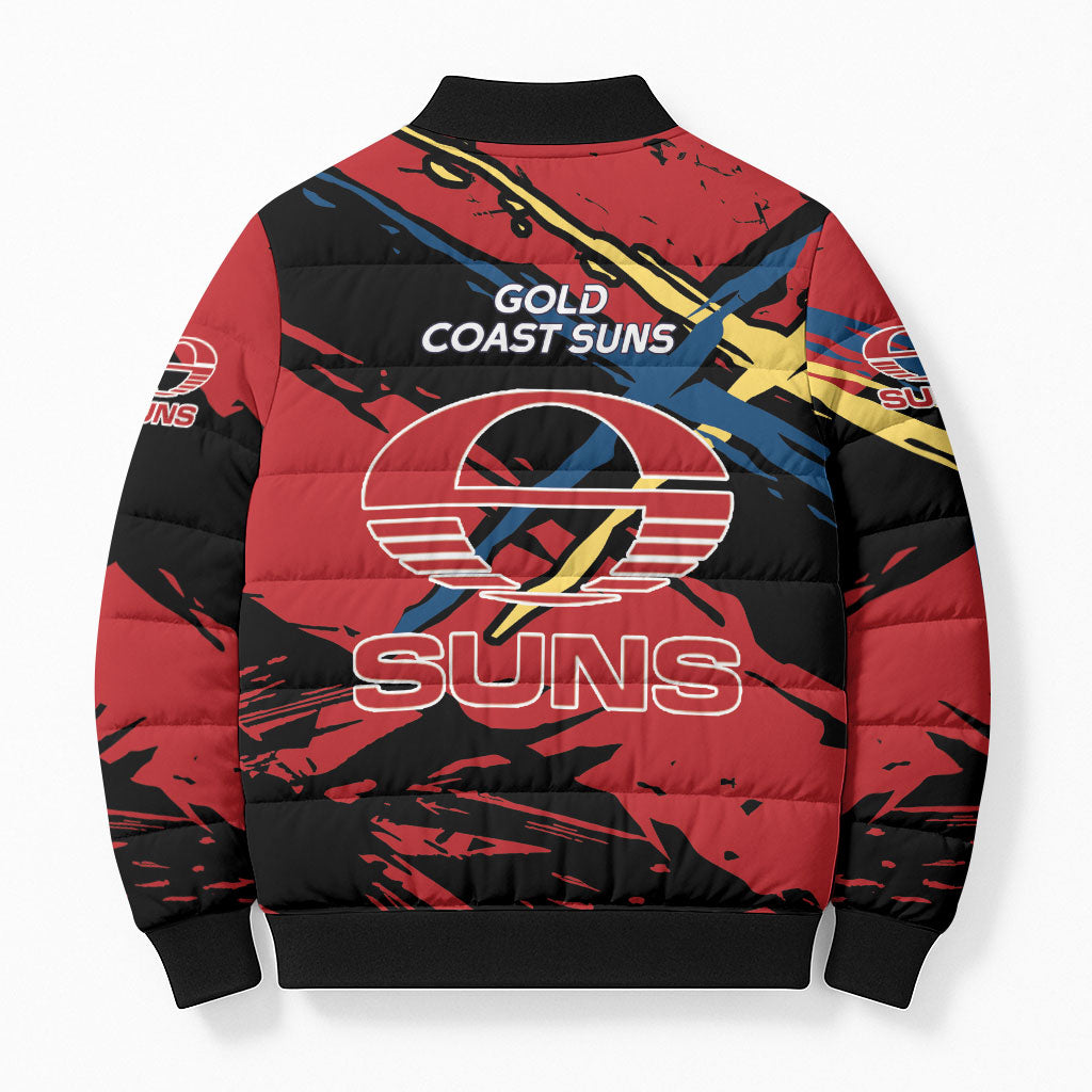 Gold Coast Suns Bomber Puffer Jacket Suns Muscular Mascot Graphic - Abstract Paint Splatter Art