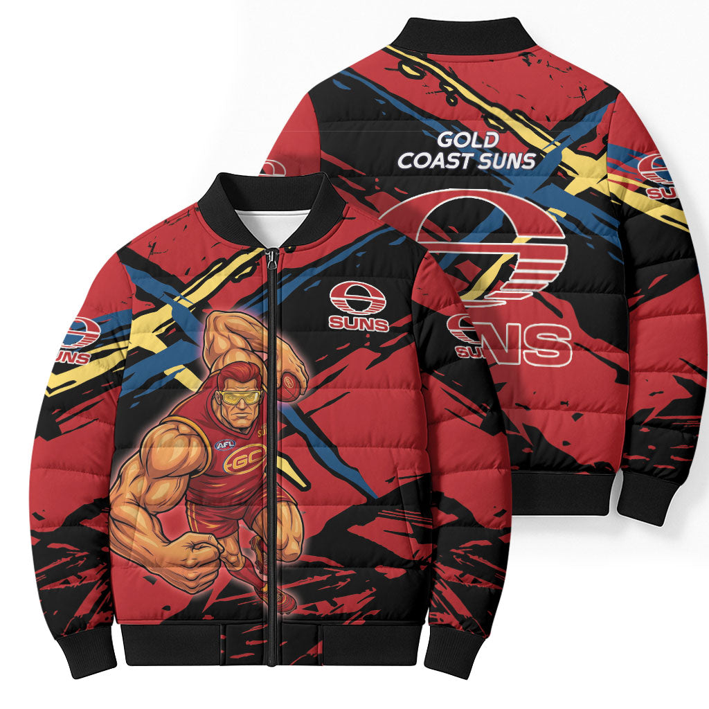 Gold Coast Suns Bomber Puffer Jacket Suns Muscular Mascot Graphic - Abstract Paint Splatter Art