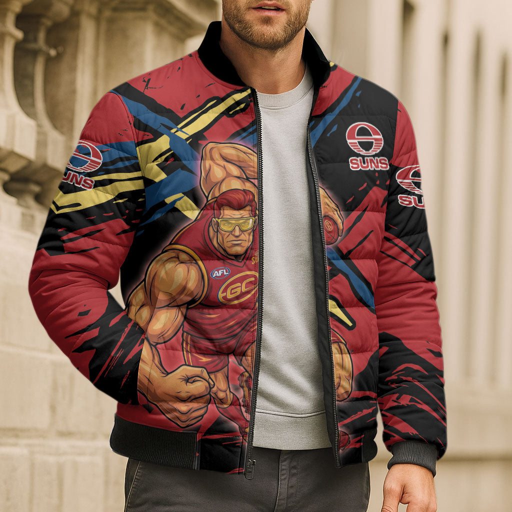 Gold Coast Suns Bomber Puffer Jacket Suns Muscular Mascot Graphic - Abstract Paint Splatter Art