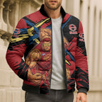 Gold Coast Suns Bomber Puffer Jacket Suns Muscular Mascot Graphic - Abstract Paint Splatter Art