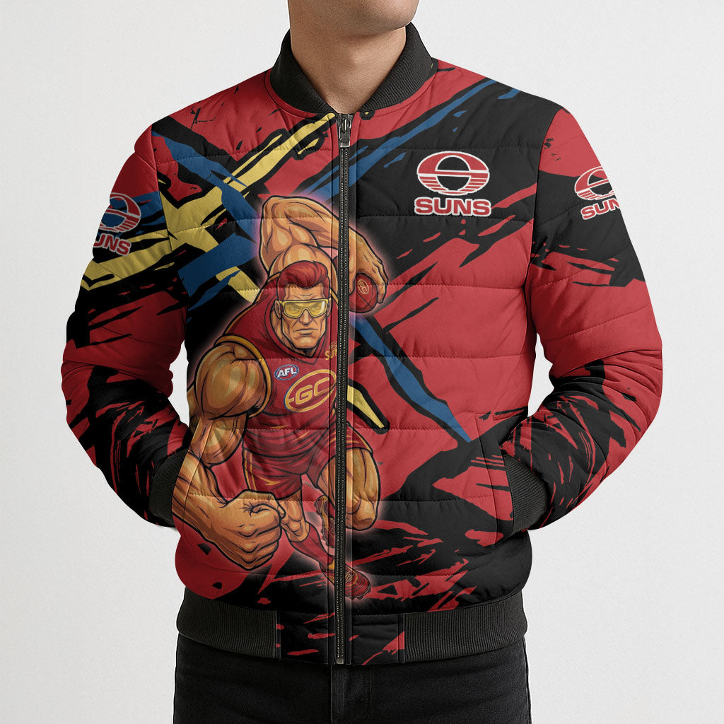 Gold Coast Suns Bomber Puffer Jacket Suns Muscular Mascot Graphic - Abstract Paint Splatter Art