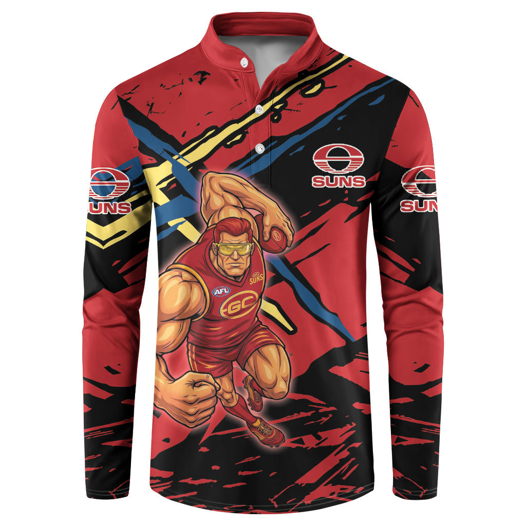 Gold Coast Suns Button Sweatshirt Suns Muscular Mascot Graphic - Abstract Paint Splatter Art