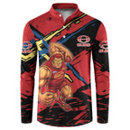 Gold Coast Suns Button Sweatshirt Suns Muscular Mascot Graphic - Abstract Paint Splatter Art