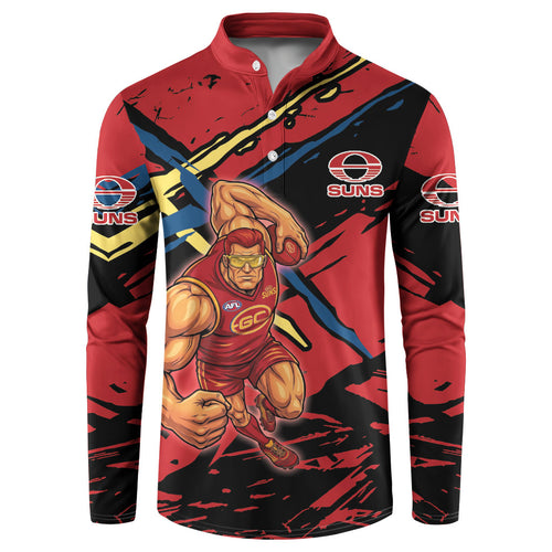 Gold Coast Suns Button Sweatshirt Suns Muscular Mascot Graphic - Abstract Paint Splatter Art