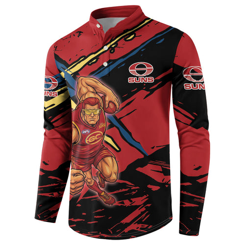Gold Coast Suns Button Sweatshirt Suns Muscular Mascot Graphic - Abstract Paint Splatter Art
