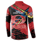 Gold Coast Suns Button Sweatshirt Suns Muscular Mascot Graphic - Abstract Paint Splatter Art