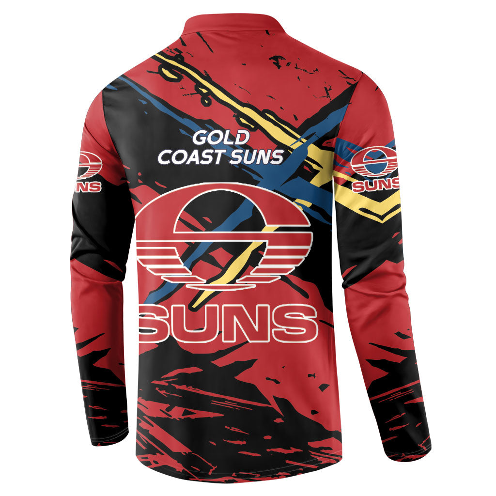 Gold Coast Suns Button Sweatshirt Suns Muscular Mascot Graphic - Abstract Paint Splatter Art