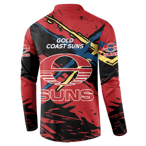 Gold Coast Suns Button Sweatshirt Suns Muscular Mascot Graphic - Abstract Paint Splatter Art