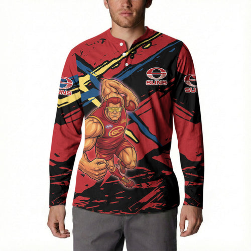 Gold Coast Suns Button Sweatshirt Suns Muscular Mascot Graphic - Abstract Paint Splatter Art
