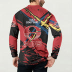 Gold Coast Suns Button Sweatshirt Suns Muscular Mascot Graphic - Abstract Paint Splatter Art