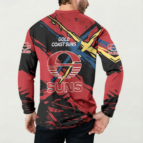 Gold Coast Suns Button Sweatshirt Suns Muscular Mascot Graphic - Abstract Paint Splatter Art