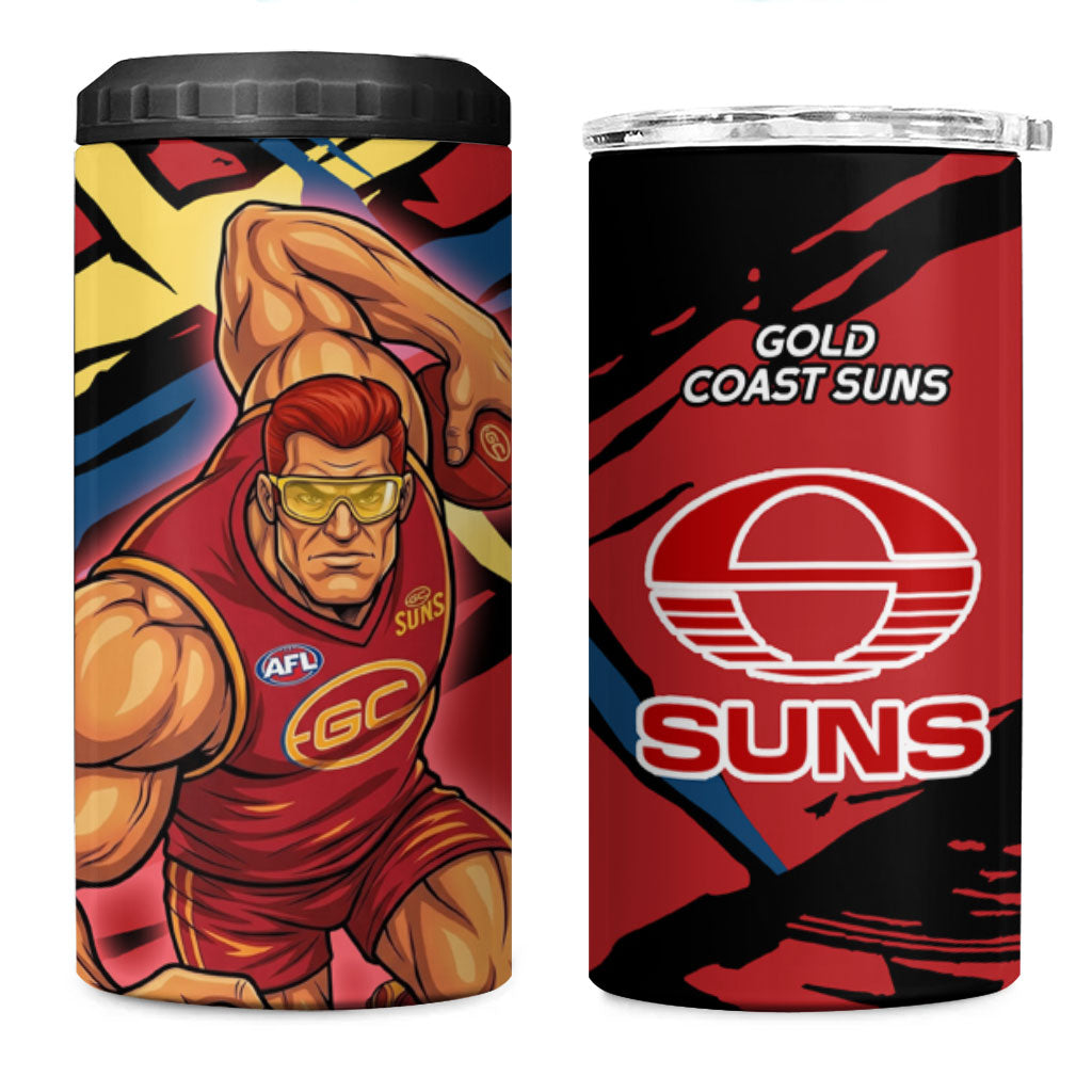 Gold Coast Suns 4 in 1 Can Cooler Tumbler Suns Muscular Mascot Graphic - Abstract Paint Splatter Art