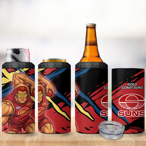 Gold Coast Suns 4 in 1 Can Cooler Tumbler Suns Muscular Mascot Graphic - Abstract Paint Splatter Art