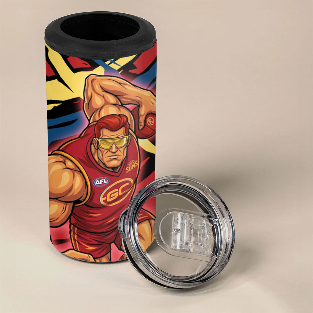 Gold Coast Suns 4 in 1 Can Cooler Tumbler Suns Muscular Mascot Graphic - Abstract Paint Splatter Art