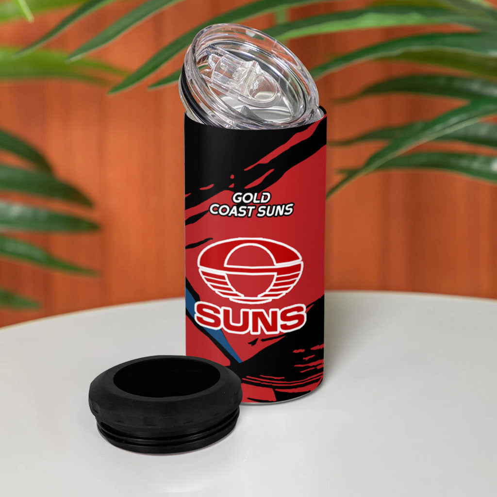 Gold Coast Suns 4 in 1 Can Cooler Tumbler Suns Muscular Mascot Graphic - Abstract Paint Splatter Art