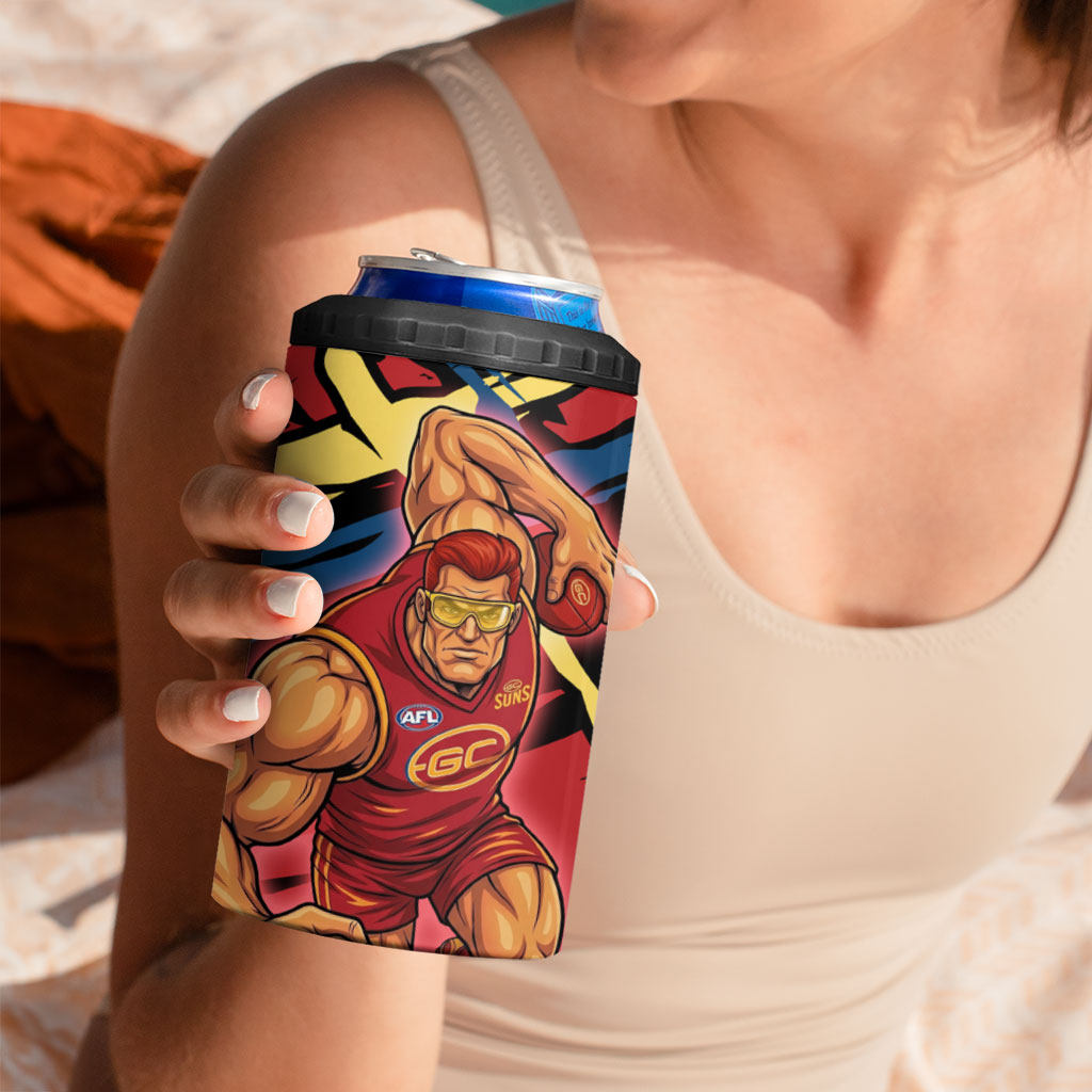 Gold Coast Suns 4 in 1 Can Cooler Tumbler Suns Muscular Mascot Graphic - Abstract Paint Splatter Art