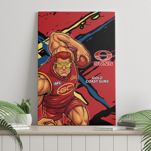 Gold Coast Suns Canvas Wall Art Suns Muscular Mascot Graphic - Abstract Paint Splatter Art