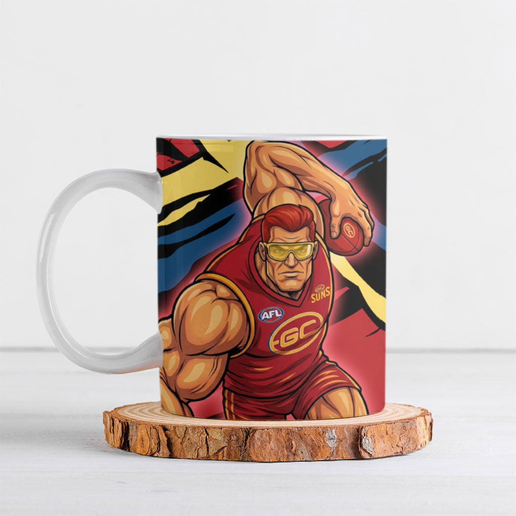 Gold Coast Suns Ceramic Mug Suns Muscular Mascot Graphic - Abstract Paint Splatter Art
