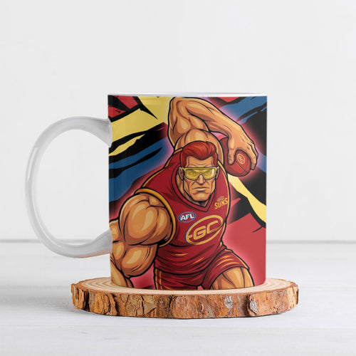 Gold Coast Suns Ceramic Mug Suns Muscular Mascot Graphic - Abstract Paint Splatter Art