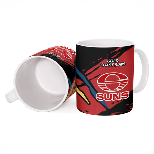Gold Coast Suns Ceramic Mug Suns Muscular Mascot Graphic - Abstract Paint Splatter Art