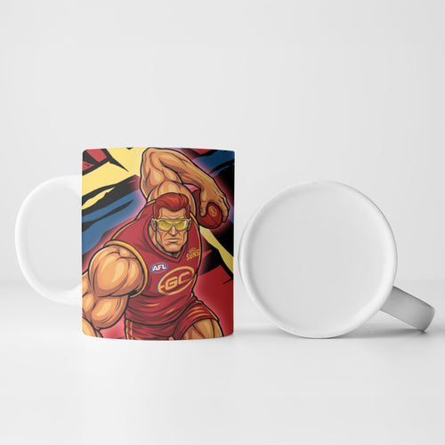 Gold Coast Suns Ceramic Mug Suns Muscular Mascot Graphic - Abstract Paint Splatter Art