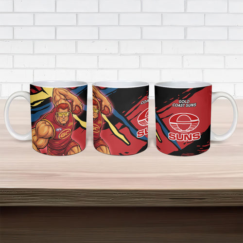 Gold Coast Suns Ceramic Mug Suns Muscular Mascot Graphic - Abstract Paint Splatter Art